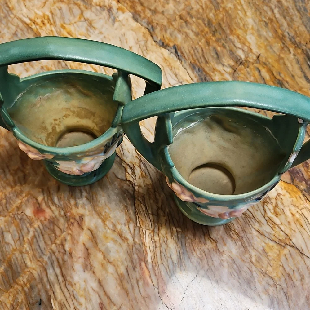 ROSEVILLE Vintage Pottery Magnolia Basket Vase Planter Pots SET of 2 #383-7
